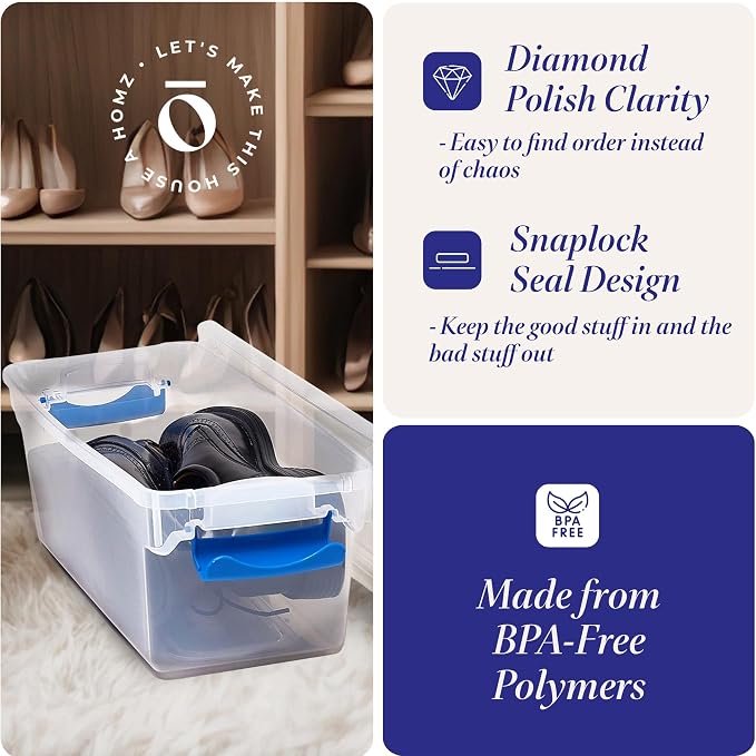 HOMZ 7.5 Quart Clear Plastic Stackable Storage Container Tote with Secure Latching Lid for Home and Office Organization, 5 Pack