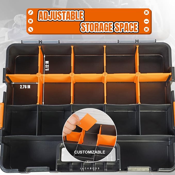 Jack Boss Tool Box with Transparent Lid, Single Side 17-Compartments Organizer Box with Removable Dividers for Hardware, Screws, Bolts, Nails, Beads, Jewelry and Fishing Accessories, Orange, 2 Pack