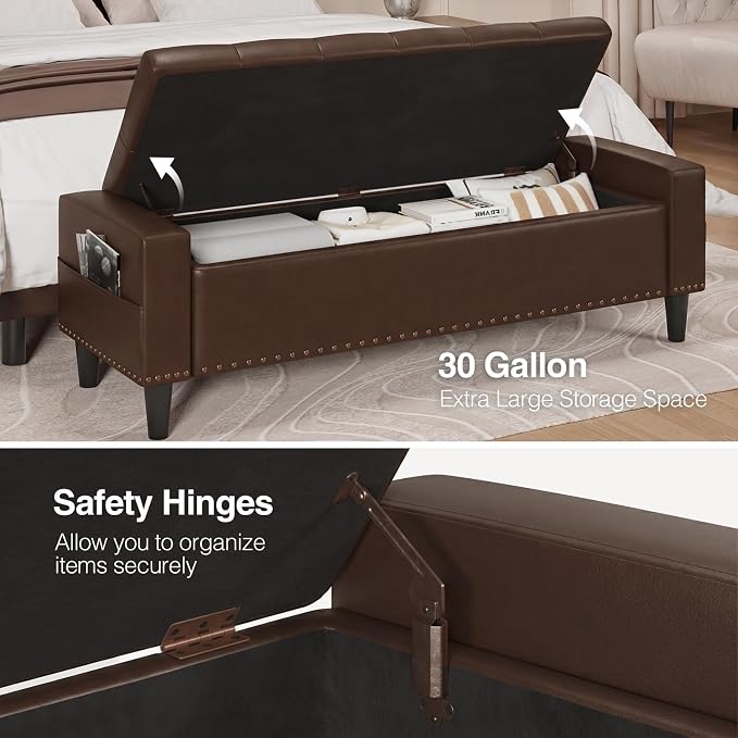 60" Storage Ottoman Bench, Faux Leather Upholstered Bed Bench with Tufted Buttons and Nailhead Trim, Large Ottoman with Storage for King Size End of Bed, Bedroom, Entryway, Hallway (Chocolate)