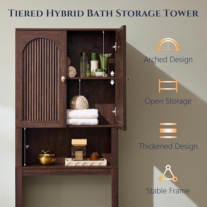 72" Over The Toilet Storage Cabinet, Modern Over Toilet Bathroom Organizer Shelf with Fluted Arched Doors, Wooden Free Standing Bathroom Storage Cabinet with Adjustable Shelf, Space Saver, Brown