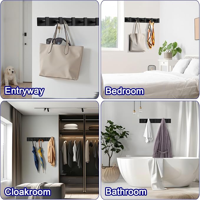 Bntuk Coat Rack Wall Mount - 5 Coat Hooks, Towel Racks for Bathroom Robes Bags Keys, Hat Rack Wall Towel Hooks Organizer Essential (Black)