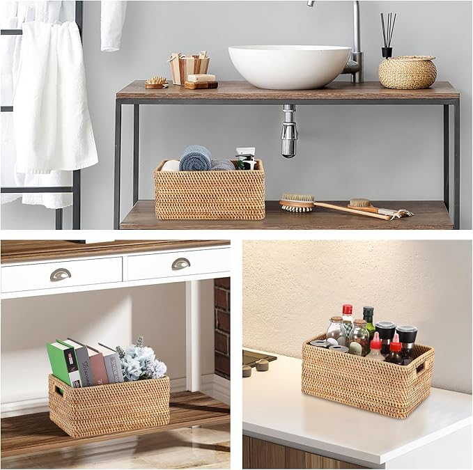 Hipiwe Woven Rattan Basket Natural Wicker Storage Basket Box with Handles | Rectangular Open Storage Bin for Shelf Bathroom Living Room Kitchen, 13" x 8.7" x 5.9"