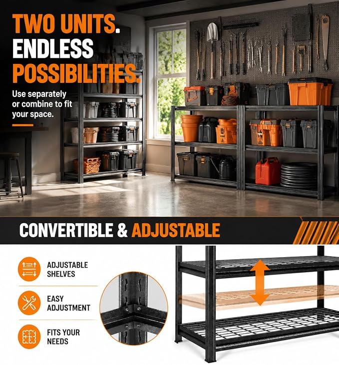 PRESTELION Garage Shelving 3000LBS Garage Storage Shelves 5-Tier Heavy Duty Shelf Adjustable Metal Shelving Units for Basement, Commercial, Warehouse, Industrial, 72" H×35.4" W×15.7" D, Black