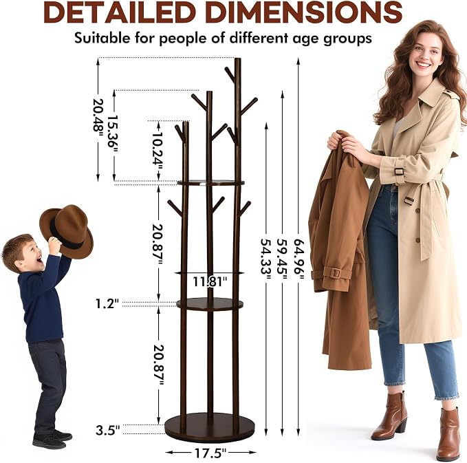 Freestanding Coat Rack, Solid Pine Wood Rotary Coat Tree with 3 Shelves and 9 Hanging Handles, Coat Hanger Stand for Bedroom, Entryway, Livingroom(Walnut Color)