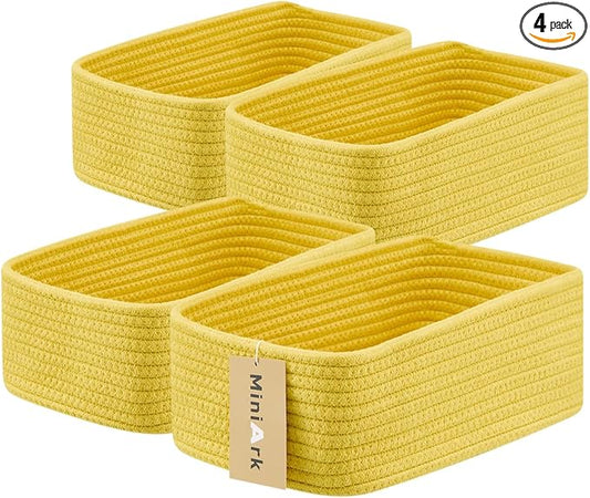 MiniArk Small Storage Baskets for Organizing | Closet Organizer Bins | Shelf Toy Basket | Woven Rope Baskets | Cube Decorative Box | Shallow Basket | 11.5x7.5x4.7” | 4 Packs Yellow