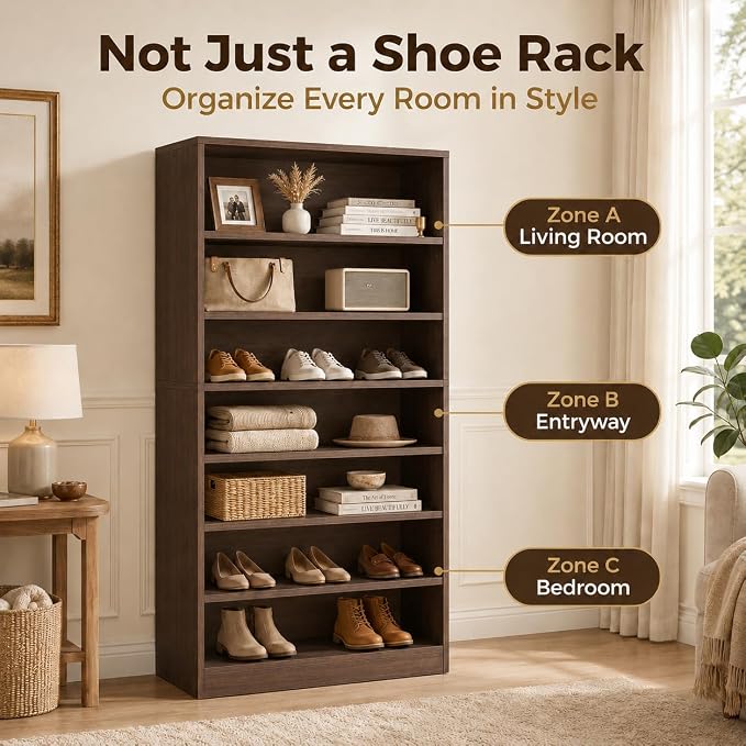 9-Tier Tall Shoe Rack Cabinet for Closet & Entryway, Walnut | Wooden Narrow Shoe Organizer Cabinet with Adjustable Shelves, Freestanding, for Bedroom, Hallway