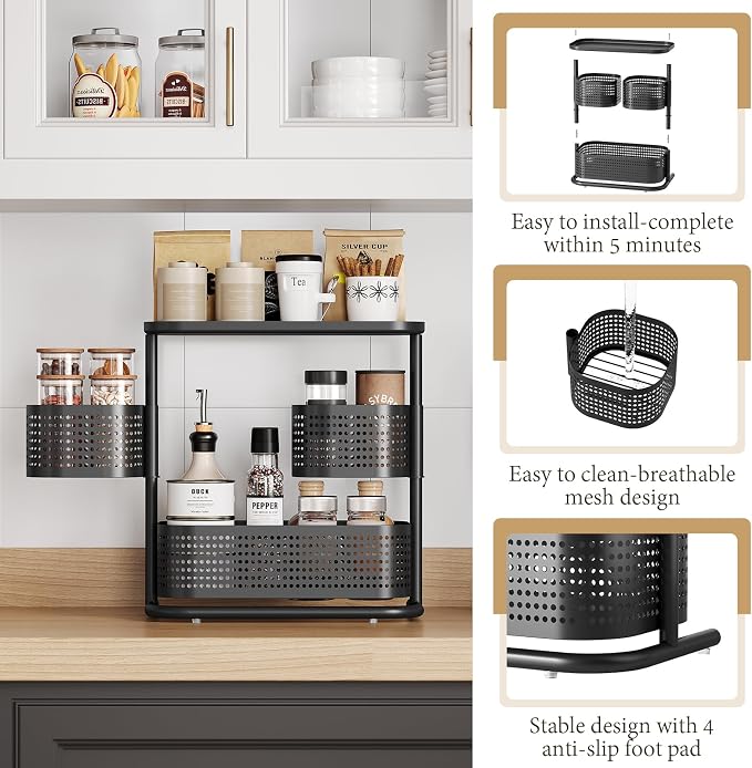 KINGRACK Metal Bathroom Counter Organizer，Rotating Countertop Storage Shelf | 3 Tier, Cosmetic Holder for Skincare & Makeup, Kitchen Spice Rack, Bedroom Nightstand Organizer, Black