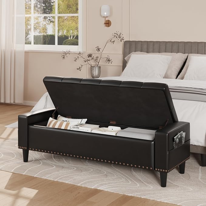 60" Storage Ottoman Bench, Faux Leather Upholstered Bed Bench with Tufted Buttons and Nailhead Trim, Large Ottoman with Storage for King Size End of Bed, Bedroom, Entryway, Hallway (black)