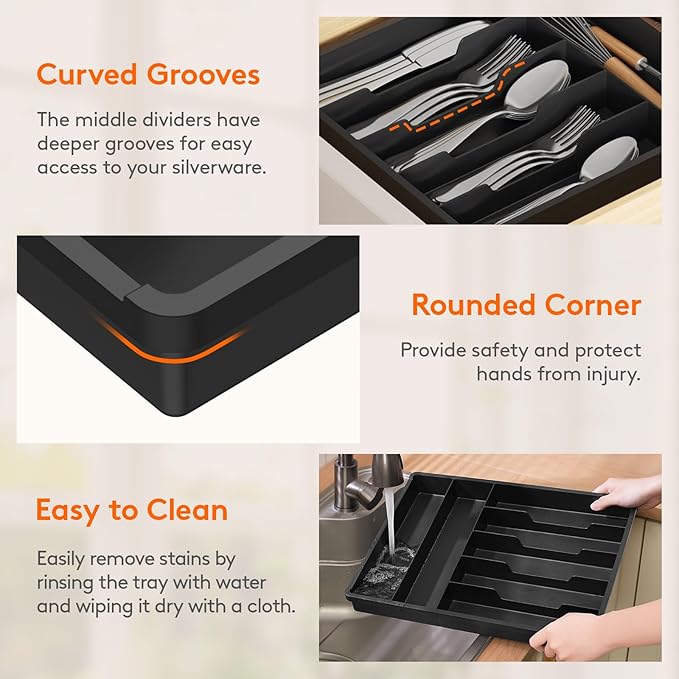 Lifewit Silverware Drawer Organizer Tray, Plastic Cutlery Storage for Kitchen, Flatware and Utensil Holder Divider for Spoons Forks Knives Tableware, 12.3 x 16", 7 Slots, Black