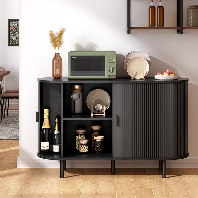 48" Sideboard Buffet Cabinet with Storage, Storage Cabinet with Sliding Door & Adjustable Shelf, Modern Accent Coffee Bar Console Table for Kitchen, Entryway, Black