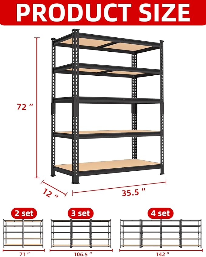 PrimeZone 5-Tier Garage Storage Shelves, Adjustable Metal Shelving, Black | 35.5" x 12" x 72", Heavy-Duty Metal Frame & Connectors, FSC MDF Boards, 2000 LBS Storage for Garage, Pantry & Closet, 4 PCS