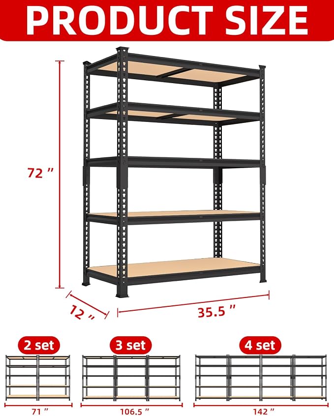 PrimeZone 5-Tier Garage Storage Shelves, Adjustable Metal Shelving, Black | 35.5" x 12" x 72", Heavy-Duty Metal Frame & Connectors, FSC MDF Boards, 2000 LBS Storage for Garage, Pantry & Closet, 2 PCS