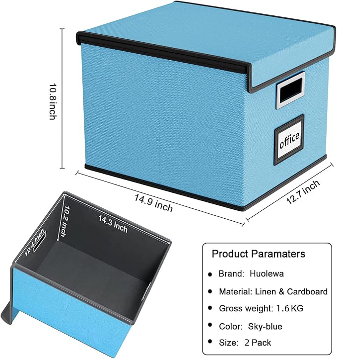 File Organizer Box with Lids, Collapsible File Folder Organizer | File Box with Plastic Slides for Document, Filing Bin for Letter Size Hanging File Folders (2 Pack, Sky-blue)