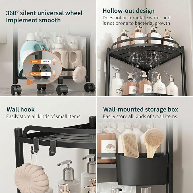 ZVZM Corner Shower Caddy Standing, 3 Tier Bathroom Shower Shelves Organizer Storage with Toothbrush Holder and 4 Hooks, Large Capacity Corner Shelf for Bathroom, Kitchen
