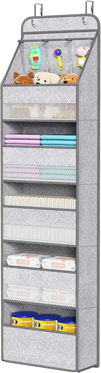 Univivi Over Door Hanging Organizer for Baby Nursery, Grey Pattern, 6-Shelf | Door Storage with Large Capacity Breathable Mesh Pockets, Fabric Over Door Organizer for Baby Essential, Bedroom and Dorm