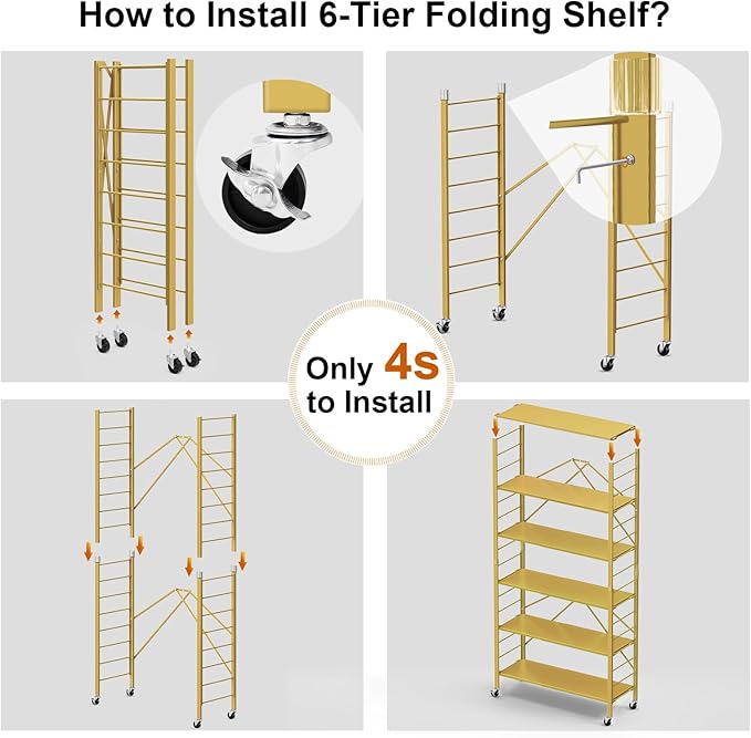 Himix 6-Tier Foldable Storage Shelves Expandable Shelf Wheels Gold 2-in-1