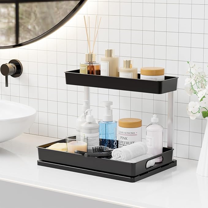 2 Pack 10.8″ High Pull Out Under Sink Organizer,14.5″ Deep 2 Tier Slide Out Cabinet Organizer for Kitchen Cabinet,Undersink Organizers,Under Sink Shelves,Bathroom Organizers and Storage,Black