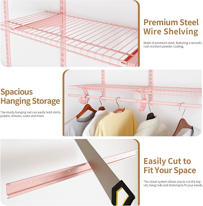 PROWORX 4-6 Ft. Pink Custom Insert Wire Closet Organizer System Kit | Adjustable Wall Mounted Metal Wire Closet Shelving System, Closet Shelves with Hanging Rods for Pantry Laundry Mudroom