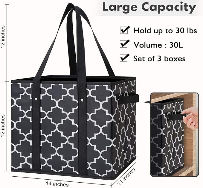 WISELIFE Reusable Grocery Bags 2-Pack Foldable Washable Large Storage Bins Basket Water Resistant Shopping Tote Bag Black