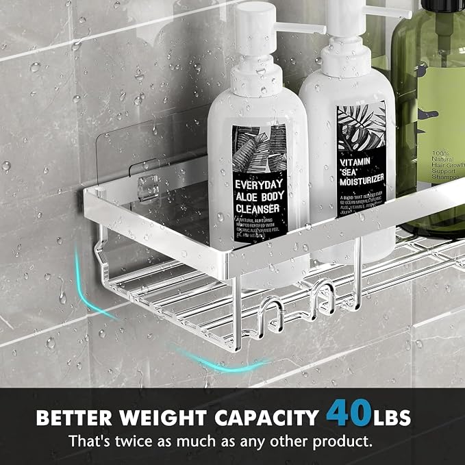 Moforoco Large Silver Shower Caddy Shelf Organizer Rack, Self Adhesive Bathroom Shelves Basket, Home Farmhouse Wall Inside Organization and Storage Decor Rv Accessories