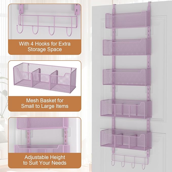 VyGrow Over The Door Organizer, Metal Door Organizer Hanging with 5 Adjustable Baskets and Coat Hook, Behind The Door Storage for Bedroom Closet Bathroom Pantry Cabinet Kitchen, Purple