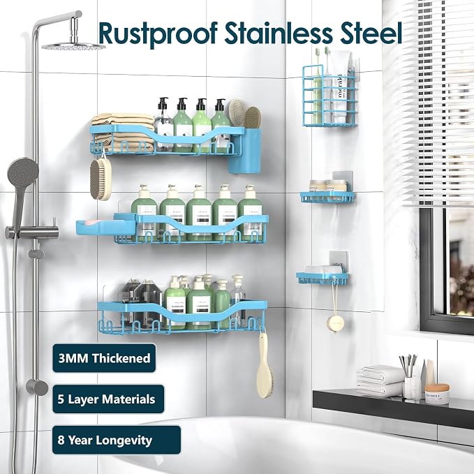 NESOMI Shower Caddy Adhesive Shower Organizer 8-Pack, Rustproof Stainless Steel Bathroom Shelves, Large Capacity No-Drill Rack Storage Accessories with Soap Dish Toothbrush Holder Hooks