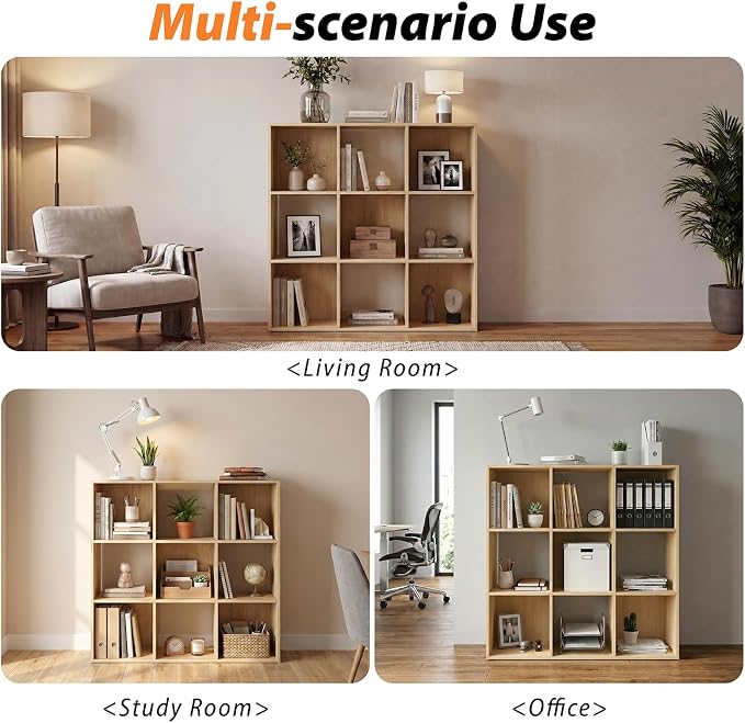 WannabeMyself【Sturdy Build&Easy Assembly】9 Cube Storage Organizer with Anti-Tipping Kits,Reversible Open Back Book Shelf, Bookcase for Living Room,Bedroom,Entrance Hall,Office,35.8×11.4×35.9,Oak Color