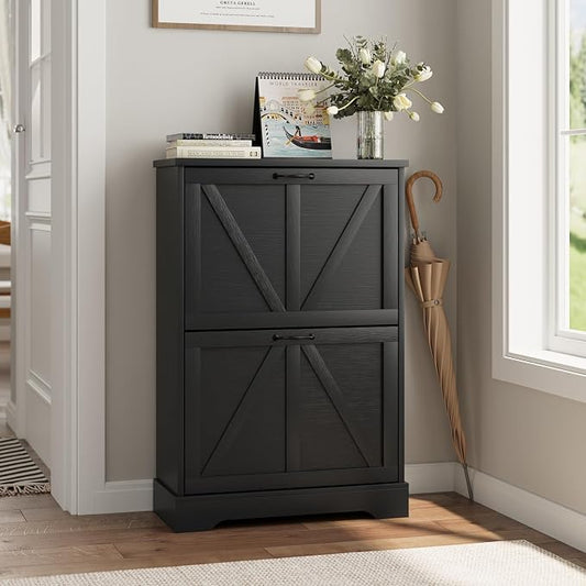 Smart FENDEE Shoe Cabinet, Shoe Storage Cabinet for Entryway with 2 Flip Drawers, Narrow Farmhouse Shoe Organizer Cabinet, Slim Shoe Rack Cabinet, 23.6in Black
