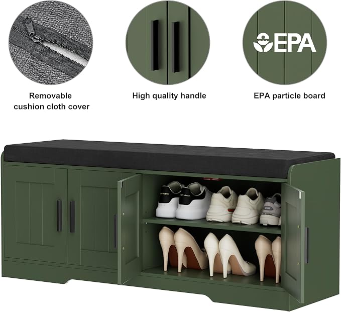 Homleke Shoe Storage Bench, 4 Doors & Thickened Padded Seat Cushion | 2-Tier Shoe Bench, Entryway Bench, Adjustable Shelf, 13.8" D x 45.3" W x 18.5" H, for Living Room, Bedroom, Green