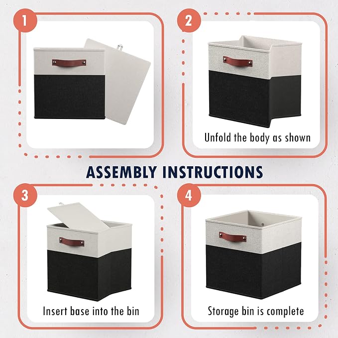 Ornavo Home 11x11 Foldable Fabric Storage Cube Bins, 6 Pack, White/Black | Collapsible Linen Shelf Basket Organizer; Leather Handles; Ideal Cube Storage For Closet