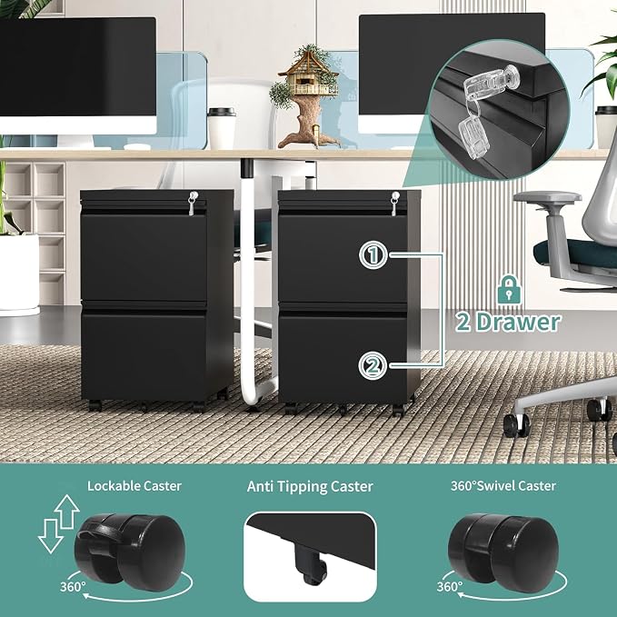 Guizeeopo 2 Drawer Locking File Cabinet, Fully Assembled Heavy-Duty Metal Filing Cabinets for Home Office, Quiet Slides, Anti-Tipping Wheels, Fits A4/Letter/Legal, Matte Black