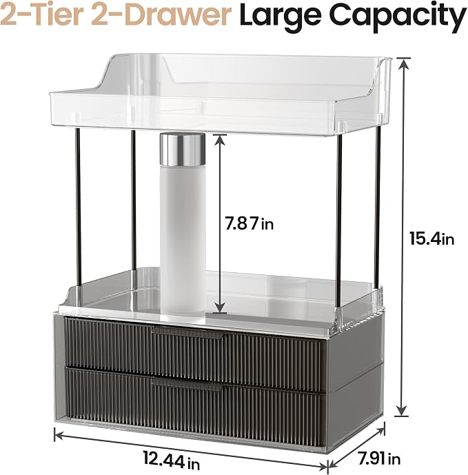 Delamu Bathroom Organizers and Storage, 2 Tier 2 Drawer Makeup Organizer Countertop, Easy to Install, Ideal for Bathroom Counter, Vanity, Large Skincare, Perfume, Present, Desk and More, Black | Elegant Vanity Organizer Gift for Women, Holds Perfume, S...