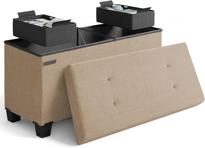 Storage Ottoman Bench with Bins, 30-in Storage Bench for Bedroom End of Bed, Folding Foot Rest Ottoman for Living Room Max 660lbs, Fabric Ottomans, Taupe