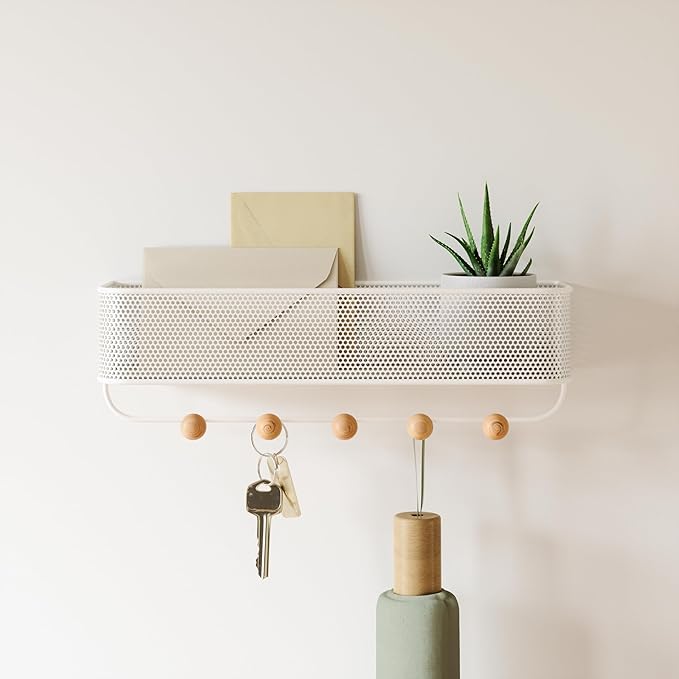 Umbra Estique Entryway Organizer, Wall Mount Key Holder, White/Natural | Steel construction, perforated mail bin, five wooden knob hooks, hidden mounting hardware, holds up to 5 lbs