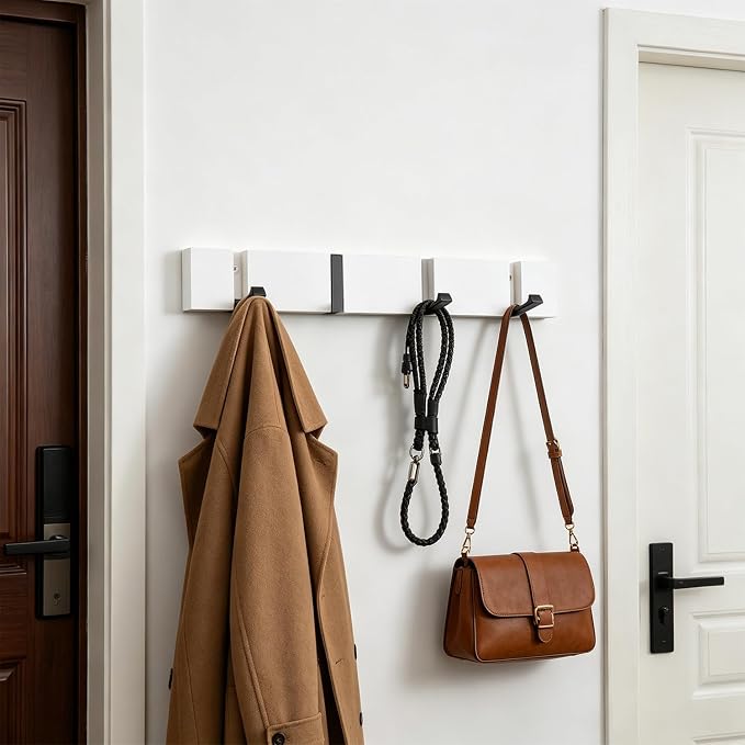 Wall Mounted Coat Rack, Heavy Duty Folding Coat Hooks Wood Retractable Wall Hooks for Hanging Purse Clothes Keys, Towel Hooks Rack for Bathroom Wall Coat Hanger for Entryway (4 Hooks,White)