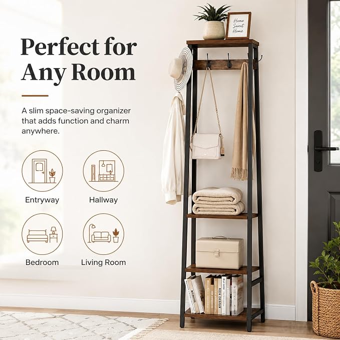 Coat Rack Freestanding with 3 Shelves and 7 Hooks | Coat Stand, Hall Tree Free Standing, Clothes Rack Stand Organizer, Industrial Style, Rustic Brown and Black