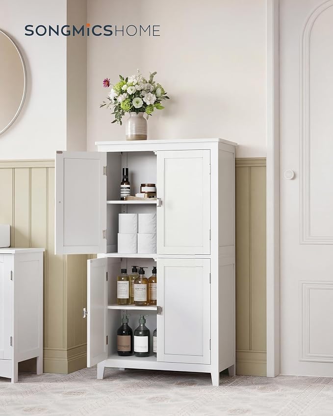SONGMICS HOME Freestanding Storage Cabinet, Floor Cabinet with Elevated Legs, Metal Handles, for Living Room, Kitchen, Bathroom, White