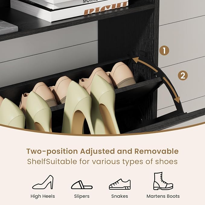 Farmhouse Shoe Cabinet Organizer with 2 Flip Drawers, 31.5" W Black | Freestanding shoe cabinet with flip drawers ,space-saving storage for foyer hallway,Adjustable Shelves & 2 Hooks