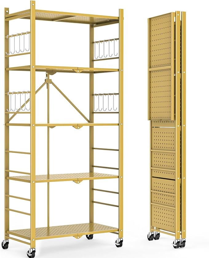 Himix 5-Tier Foldable Storage Shelves with 20 Hooks Wheels Bookshelf Gold | Folding shelving units, Metal collapsible organization, Wire shelf, No assembly, Garage, Home room, Greenhouse, Holds 440 Ibs