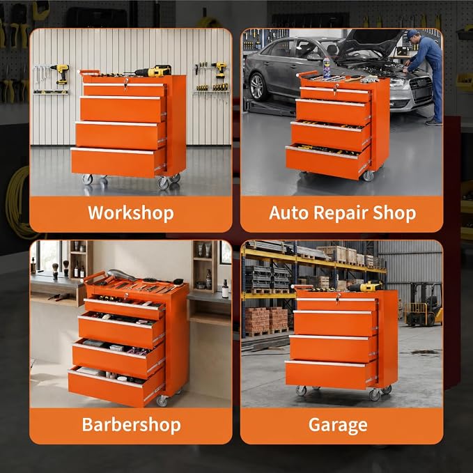 Garvee Rolling Tool Chest, 4 Drawers Tool Storage Cabinet, Toolbox with Wheels, Portable Tool Cabinet Organizer with Locking System & Drawer Liners, Tool Storage Cart for Garage, Workshop, Orange