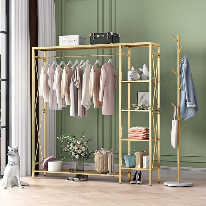 TIEOU Modern Gold Clothes Racks Free-Standing, Gold Clothing Rack with Shelves for Boutiques, Heavy Duty Garment Rack for Hanging Clothes, Large Wardrobe Closet(59''L)