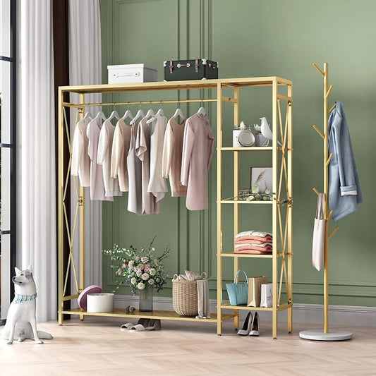 TIEOU Modern Gold Clothes Racks Free-Standing, Gold Clothing Rack with Shelves for Boutiques, Heavy Duty Garment Rack for Hanging Clothes, Large Wardrobe Closet(59''L)