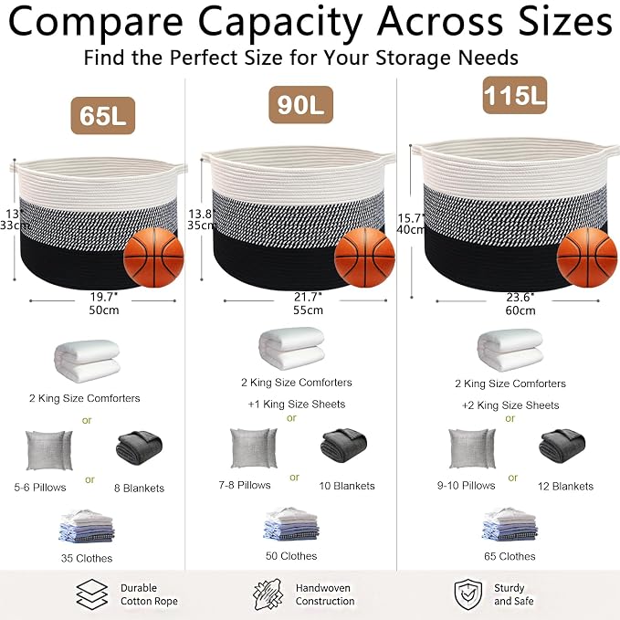 115L Extra Large Blanket Basket,Woven Laundry Basket-Mixed Black | Collapsible Nursery Storage Bin with Sturdy Handles, Organizes Clothes, Toys and Pillows for Living Room, Bedroom, Bathroom