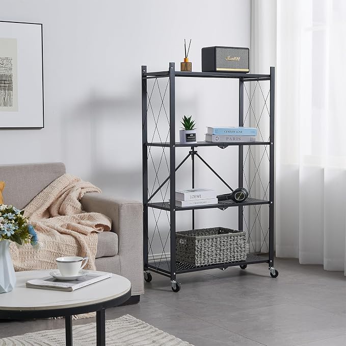 BRIAN & DANY 4-Tier Foldable Storage Shelves with Wheels, Folding Metal Rack Shelving Unit, Heavy Duty No Assembly Organizer Shelf for Garage, Kitchen, Basement, Pantry, Black