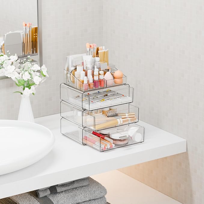 Yieach Clear Acrylic Makeup Organizers Countertop for Dresser,Desk,Bathroom Vanity,4 Tier Stackable Make up Holders and Makeup Cabinet,Tiered Cosmetic Storage and Make up Containers for Palette,Brush