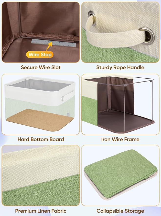 BALEINE 3 Pack Fabric Closet Storage Bins for Shelves, Linen Closet Organizers and Storage, Decorative Baskets for Organizing, Shelf, Clothes, Home, Office (Green, 15''x11''x9.5'')