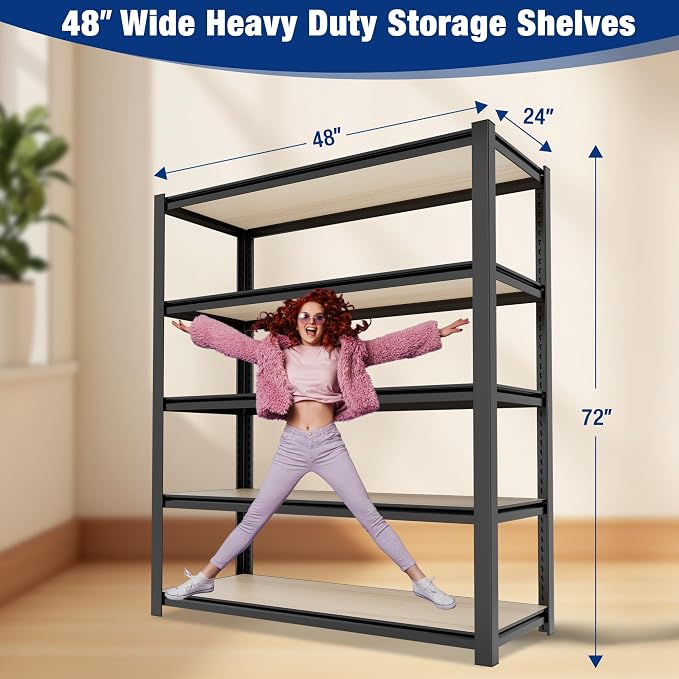 WORKPRO 5-Tier Black Shelving with Board, 48”W x 24”D x 72”H, 3000LBS Load | Adjustable, Heavy Duty, 3000lbs, Boltless Shelving for Kitchen, Living Room, Garage