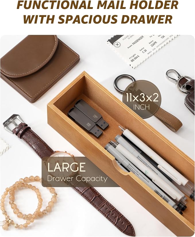 Rebee Vision Mail Organizer Wall Mount with Drawer for Entryway,Light Brown | Key and Mail Holder for Wall, 7 Key Hooks, Drawer Organizer, Mail Organizer, Key Hanger, Farmhouse Aesthetic Home Decor