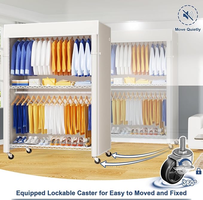 ULIFHOME P8C Pro Heavy Duty Clothes Rack（With Extended Width Design） Rolling Clothing Racks for Hanging Clothes with Lockable Wheels，42" W x 15.8" D x 80.5" H，Load 700LBS，White Rack with White Cover