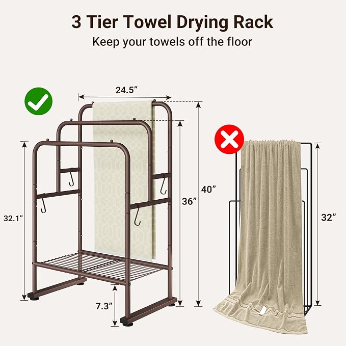 ELYKEN 40" H Freestanding Towel Rack with Shelf, 3 Tier Towel Stand, Bronze | Metal Drying Rack for Oversized Bath Towels & Blankets, 4 Hooks, Indoor & Outdoor Use, Fits Bathroom, Tub, Shower, Poolside